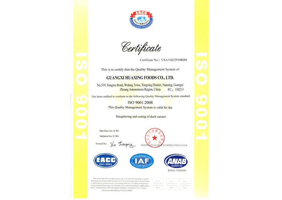广西华兴食品ISO9001  英文